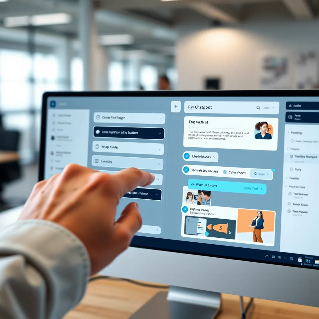 A close-up of a hand interacting with a drag-and-drop interface on a computer screen, showing the process of building a chatbot with various elements like buttons, text fields, and images. The background should be a modern office setting with a sleek computer and a person's hand hovering over the mouse.