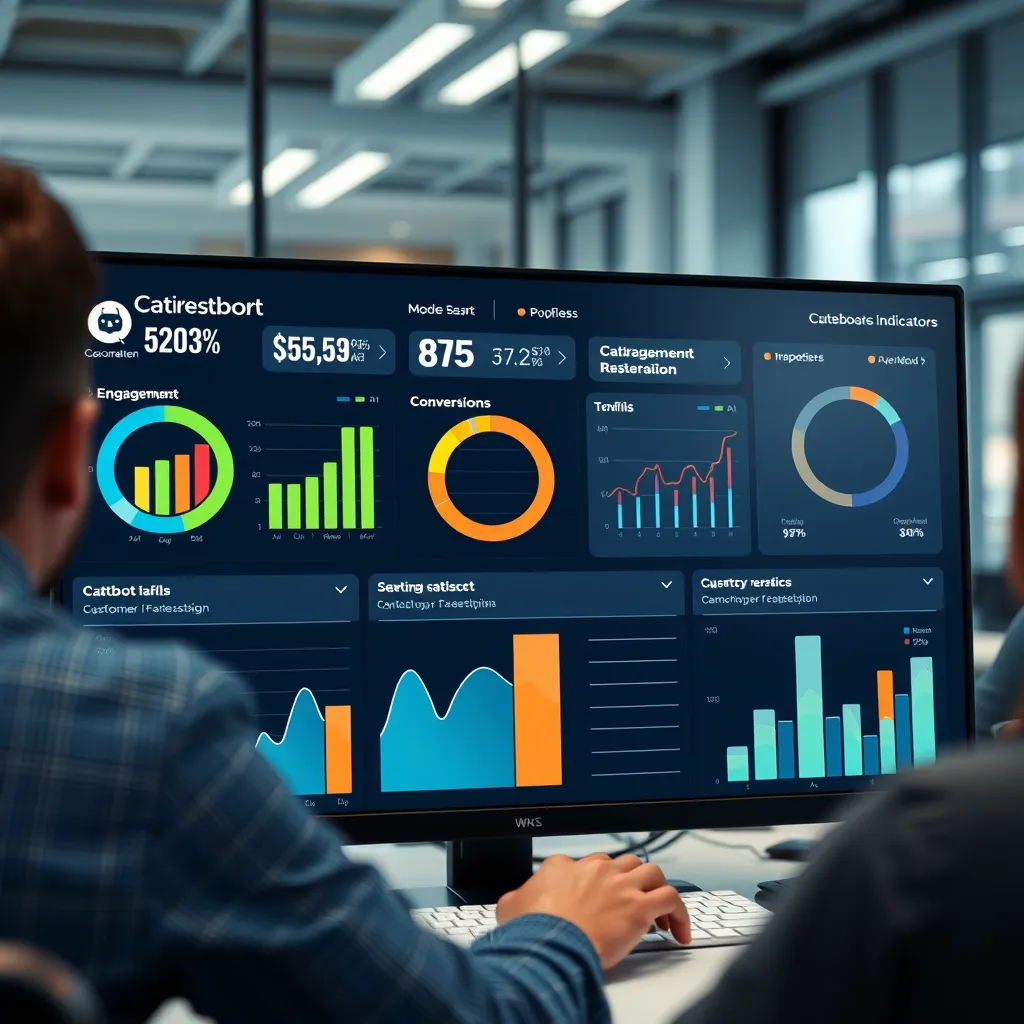 A dashboard displaying various charts and graphs, showcasing key performance indicators like chatbot engagement, conversion rates, and customer satisfaction. The background should be a modern office environment with a person analyzing the data on a computer screen.