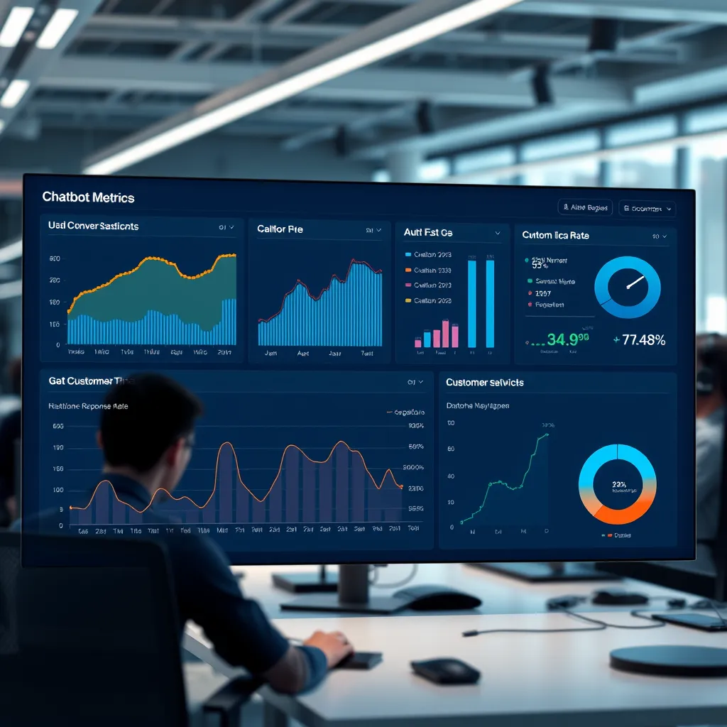 A dashboard with graphs and charts displaying chatbot engagement metrics. The dashboard should show various data points like conversation rate, average response time, and customer satisfaction. The background should be a modern office with data analysts working on computers.