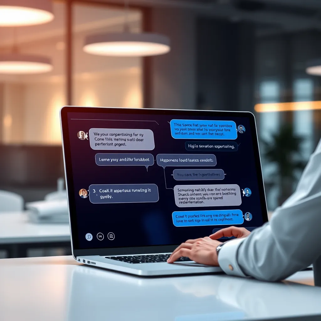 A futuristic user interface with a chatbot window displaying personalized conversation bubbles, showing different responses based on user input. The background should be a modern office setting with a person interacting with the chatbot on a laptop.