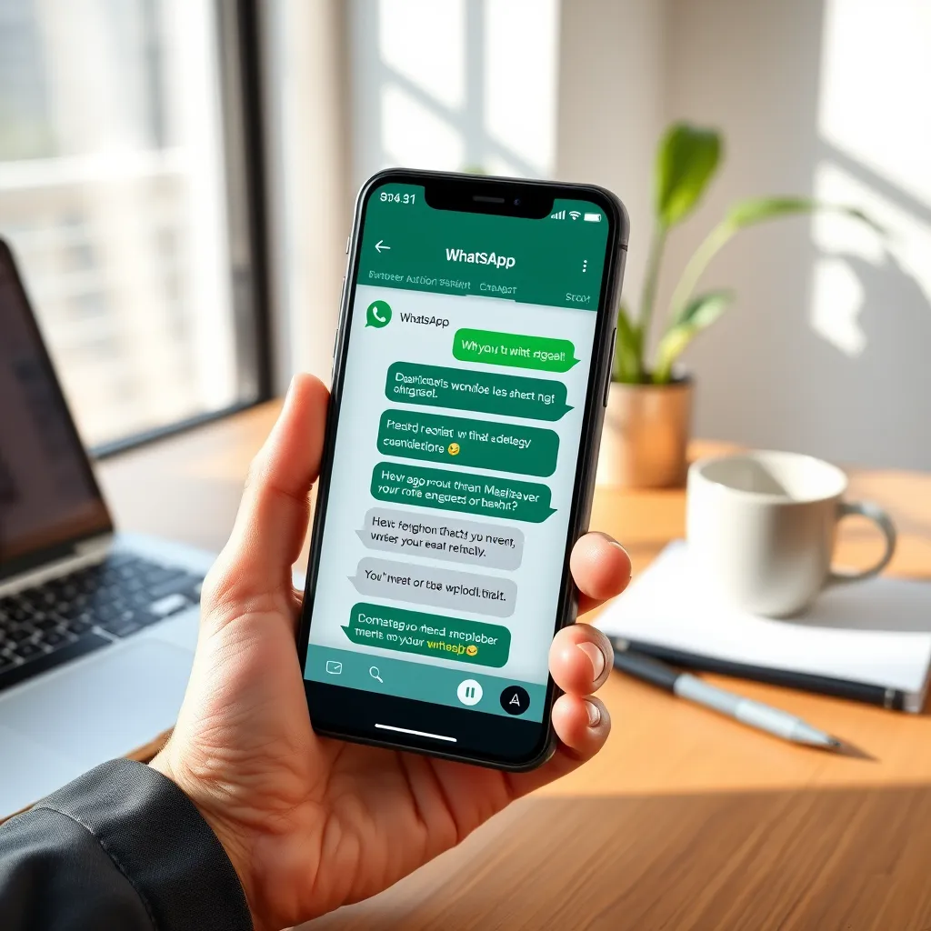 A hyperrealistic image of a smartphone displaying a WhatsApp conversation. The conversation features a human user interacting with a chatbot, seamlessly integrated into the WhatsApp interface. The chatbot provides helpful responses and engaging dialogue, using a conversational and friendly tone. The smartphone is placed on a modern office desk with a laptop, coffee cup, and notepad in the background, suggesting a busy professional setting. Lighting conditions: Natural light streaming in from a window, creating soft shadows. The color palette is vibrant and modern, reflecting the dynamism of WhatsApp communication. Camera angle: A slightly elevated perspective, capturing the smartphone screen and the surrounding environment. Style reference: Clean and modern mobile UI design, emphasizing user experience and ease of use. Technical specifications: 8K resolution, ultra-detailed, hyperrealistic, capturing the textures and reflections on the phone screen.
