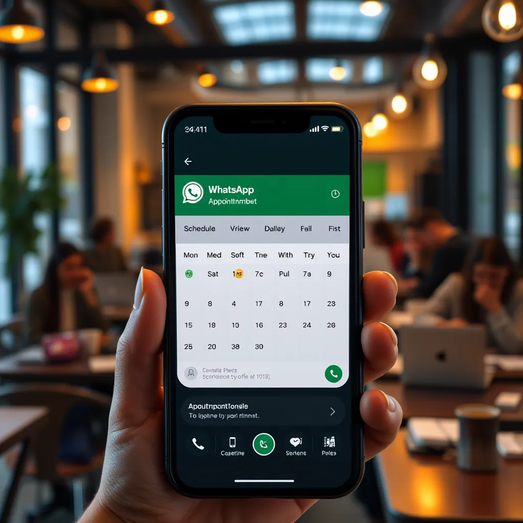 A phone screen displaying a WhatsApp conversation with a chatbot. The chatbot is helping the user schedule an appointment, with a calendar interface showing the available slots. The background should be a busy coffee shop, with people working on their laptops.