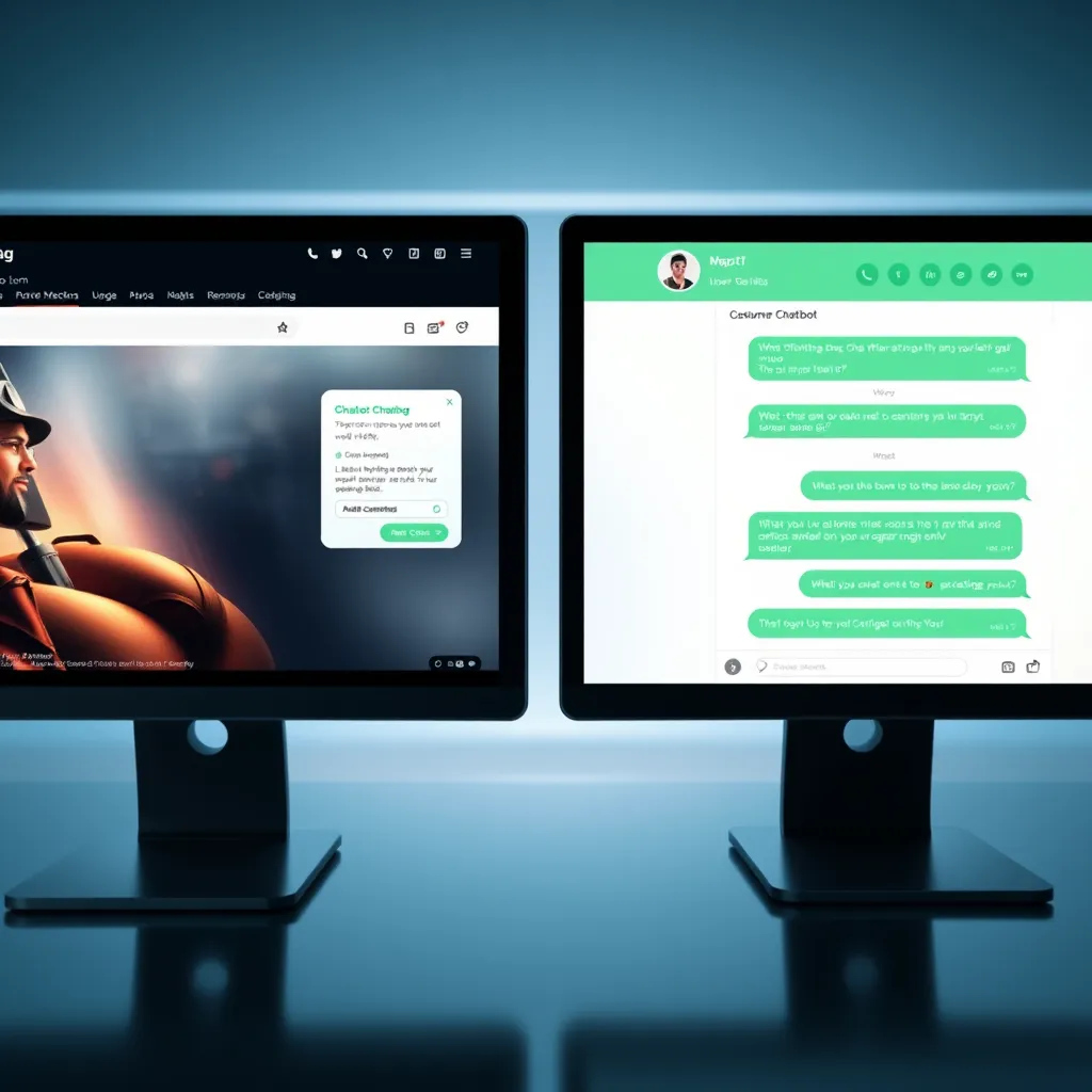 A photorealistic image depicting two screens side-by-side. The left screen shows a website with a chatbot window in the corner, actively engaging with a visitor. The right screen shows a WhatsApp chat with a chatbot providing customer service or information. The image should have a modern, tech-focused aesthetic.