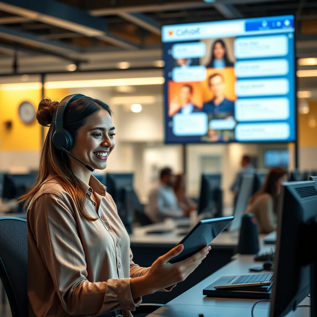 A photorealistic image of a customer service representative smiling and interacting with a customer on a tablet. The scene should be set in a busy call center, with a large screen displaying real-time chat interactions with customers using AI-powered chatbots. The image should convey a sense of efficiency and customer satisfaction.