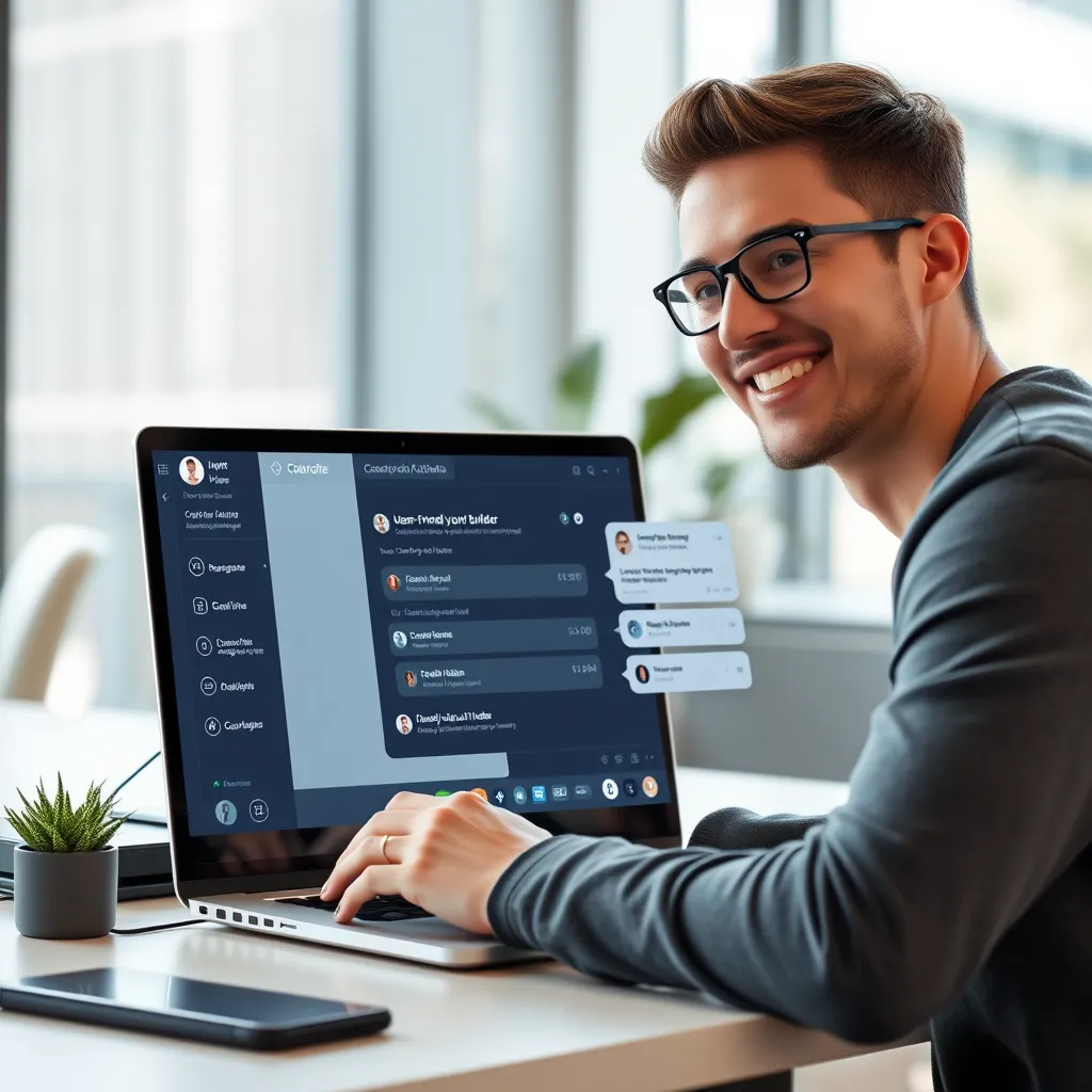 A photorealistic image of a person smiling and using a laptop, with a screen showcasing a user-friendly chatbot builder interface with drag-and-drop elements, and a chatbot window displaying a conversation with a friendly AI assistant. The scene should be set in a modern office environment with natural lighting.