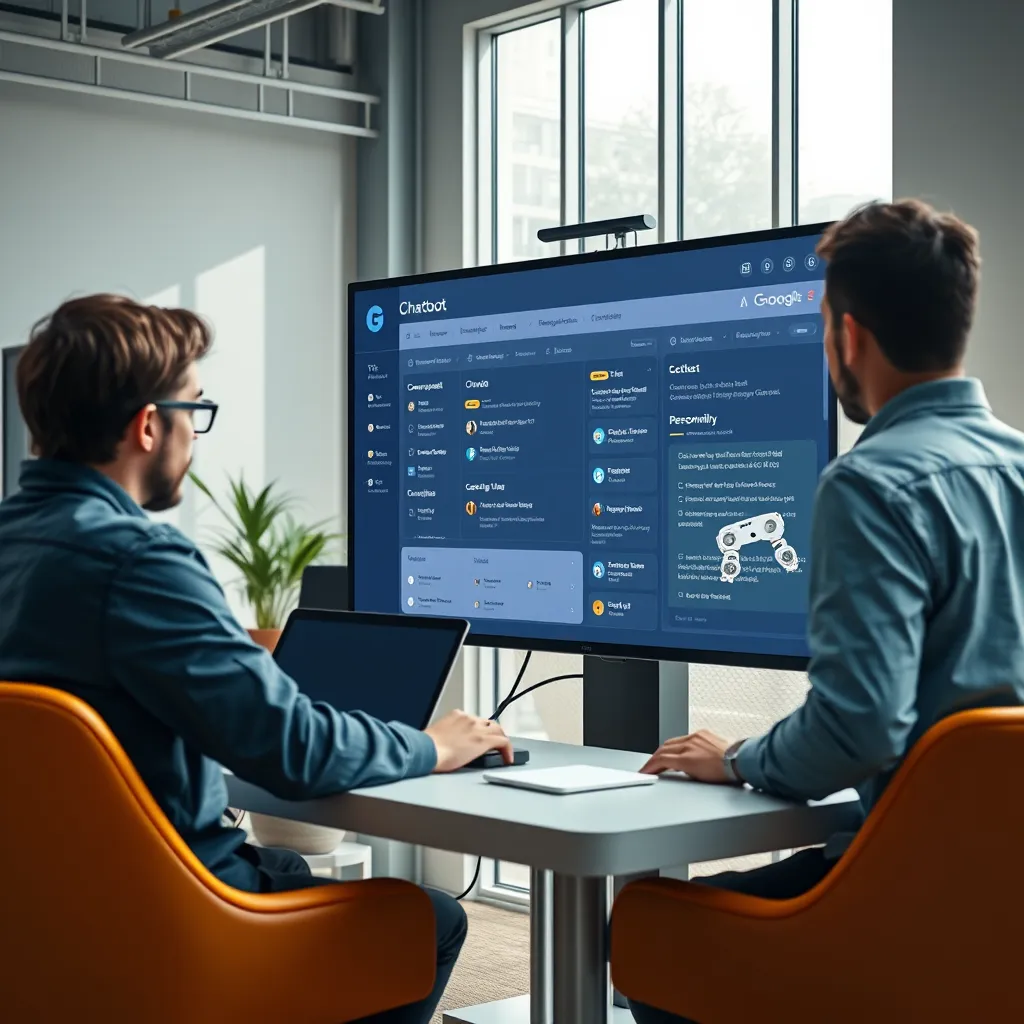A photorealistic image showcasing a team of developers working collaboratively on a large screen, customizing a chatbot interface. The screen displays a detailed dashboard with various customization options, including conversational flow, personality, and integration with external systems. The developers are focused and engaged, utilizing cutting-edge technologies to enhance the chatbot's capabilities. The workspace is modern and vibrant, with minimalist furniture and ample natural light. The overall mood is one of innovation, collaboration, and technical expertise. Lighting conditions: Bright, natural light with soft shadows. Color palette: A blend of modern and tech-inspired hues. Camera angle: A wide-angle shot capturing the team's collaborative effort and the detailed dashboard on the screen. Style reference: Google's design language, emphasizing functionality and user-friendliness. Technical specifications: Ultra-high resolution, 8K, hyperrealistic, with a focus on capturing the intricate details of the user interface and the dynamic nature of the development process.