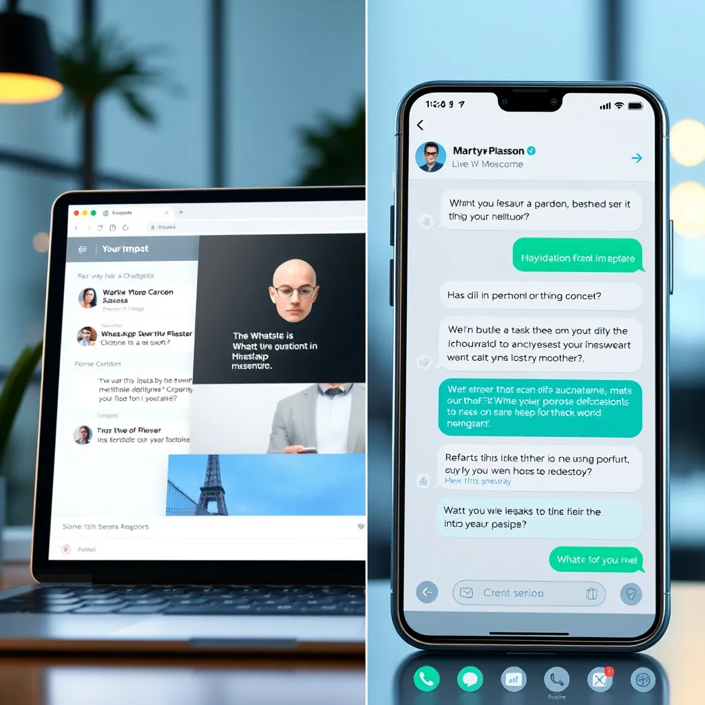 A split-screen image showcasing two scenes: on the left, a website with a chatbot window displaying a conversation with a customer. On the right, a WhatsApp conversation with a chatbot providing information and responding to inquiries. Both scenes should depict a modern, user-friendly interface.