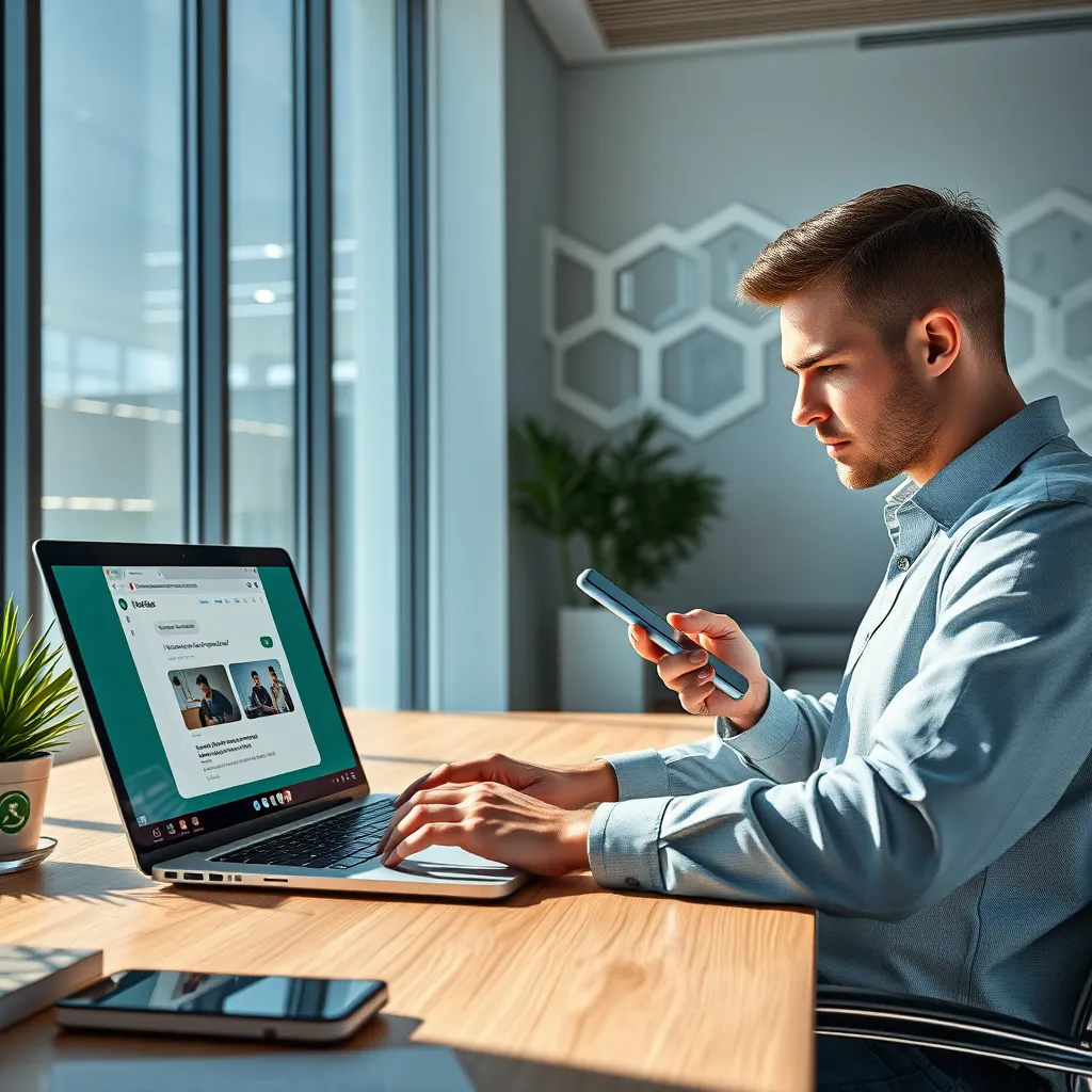 Create a hyperrealistic, 8K resolution image showcasing the power of Embedbots. The composition should feature a sleek, modern office space with two individuals working collaboratively. One person is using a laptop, interacting with a chatbot interface displaying a website chat window, while the other is on a mobile phone, engaging in a conversation with a WhatsApp chatbot. The lighting should be natural and bright, streaming through large windows.  The color palette should be clean and contemporary, featuring shades of blue, grey, and white, with pops of vibrant green accents for the chatbot interfaces. The image should evoke a sense of innovation, efficiency, and ease of use. The camera angle should be slightly elevated, offering a dynamic perspective.  The textures should be realistic, with smooth surfaces like glass and metal juxtaposed against the warmth of wood and fabric.  The background should feature abstract shapes and patterns, hinting at the complexity of the technology behind Embedbots. The overall style should be inspired by modern tech companies, with a clean and professional aesthetic., ultra high resolution, photorealistic, 8K, hyperdetailed, cinematic lighting